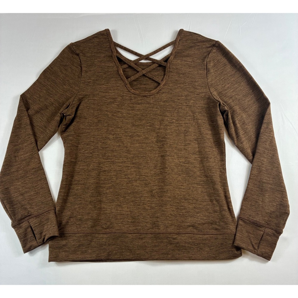 Crane Activewear Top Women Size M Brown Strappy Back Long Sleeve Thumbhole Shirt